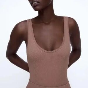 Zara Brown Ribbed Bodysuit